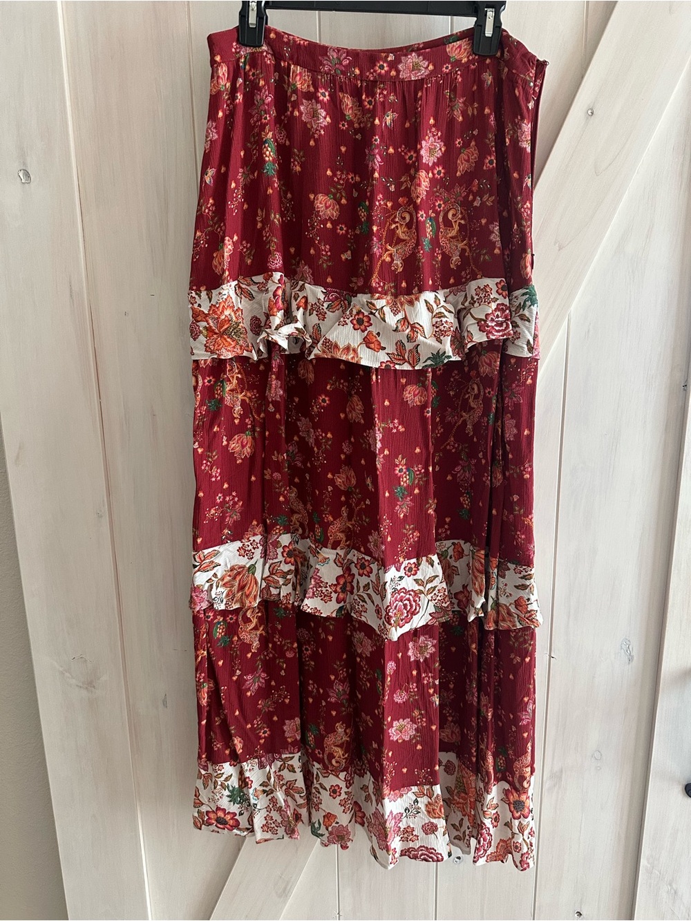 FARM Rio Burgundy Floral Tiered Maxi Skirt with Cream Floral Bands